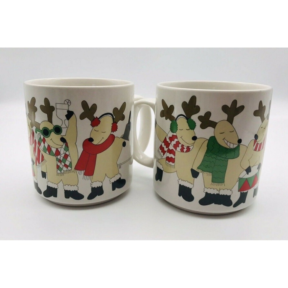 Vtg Holiday‎ Mugs Dancing Reindeer Coffee Cup Burdines Dept Store